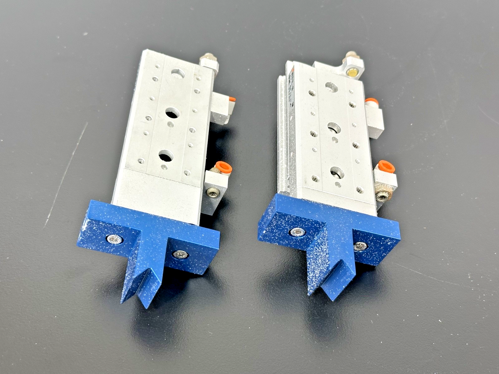 SMC MXS12L 50 Air Slide Table Pneumatic Cylinders Lot of 2 w/ Blue Brackets3