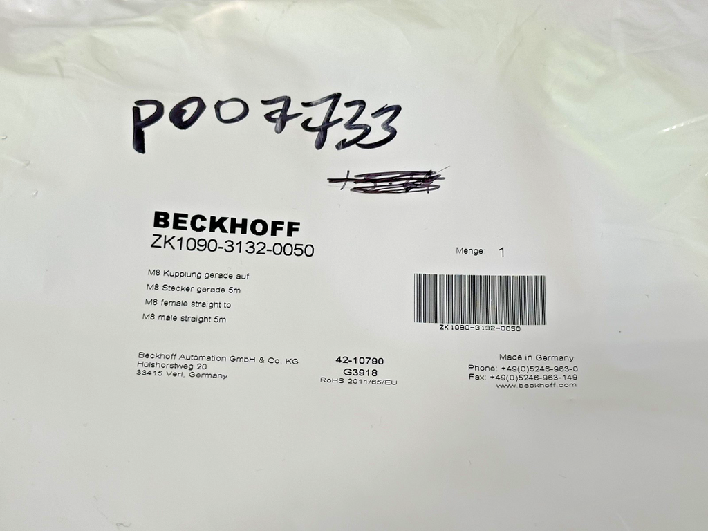 Lot of 2 Beckhoff ZK1090 3132 0050 M8 Female to M8 Male Straight 5M Cables New3
