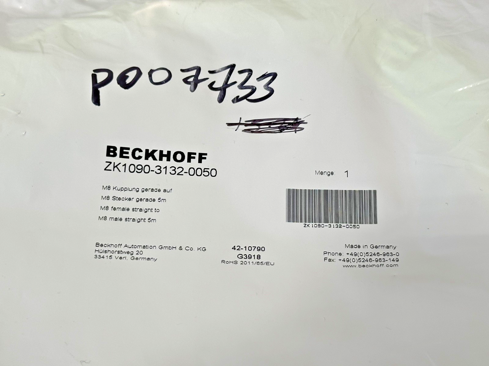 Lot of 2 Beckhoff ZK1090 3132 0050 M8 Female to M8 Male Straight 5M Cables New3