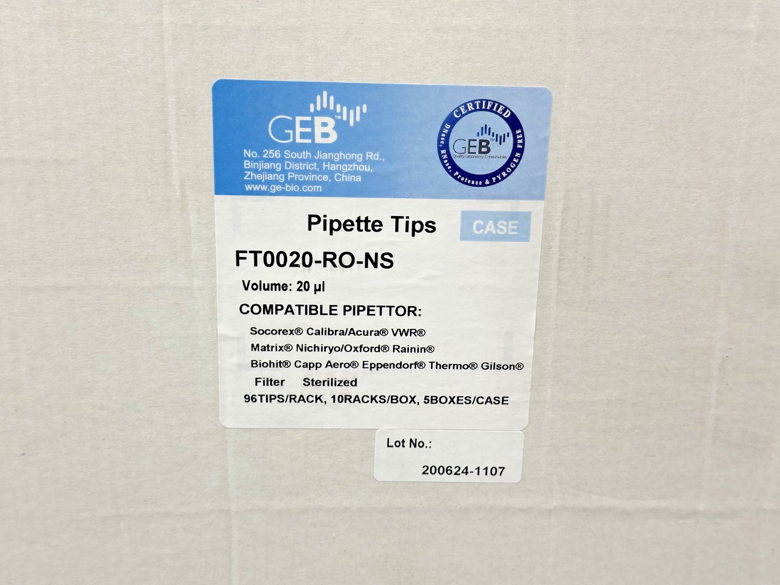 GEB FT0020 RO NS 20µL Filtered Sterile Pipette Tips 4,800/Case New Open Box2