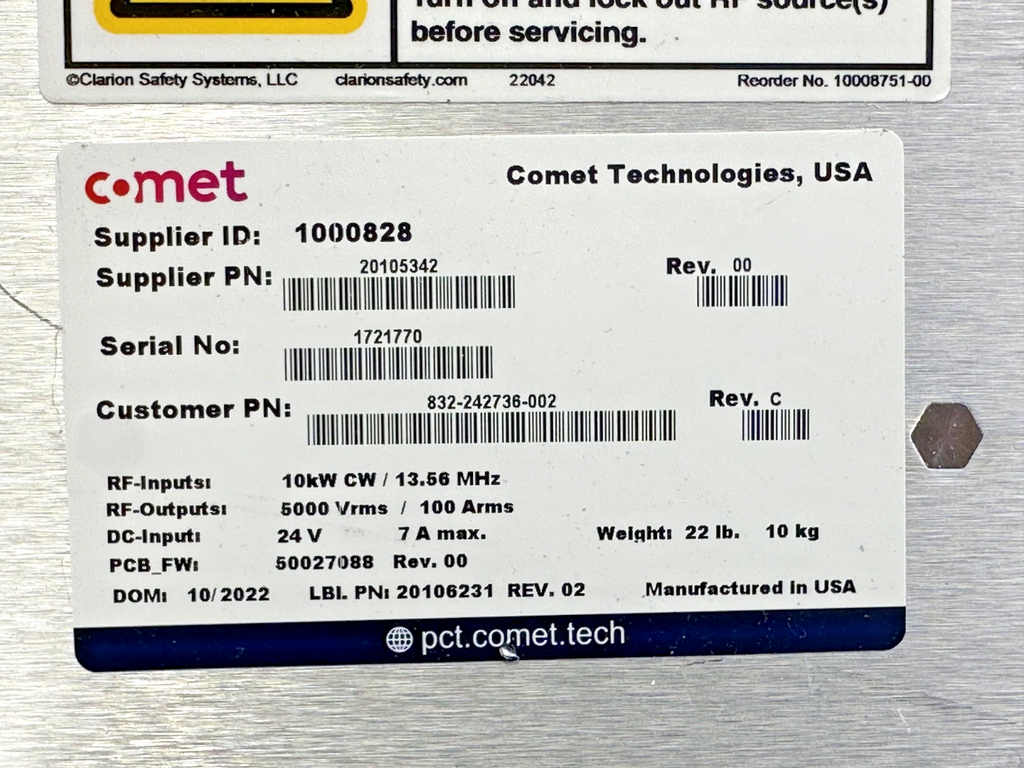 Comet Technologies 10kW 13.56MHz RF Match Network 20105342 832 242736 0026