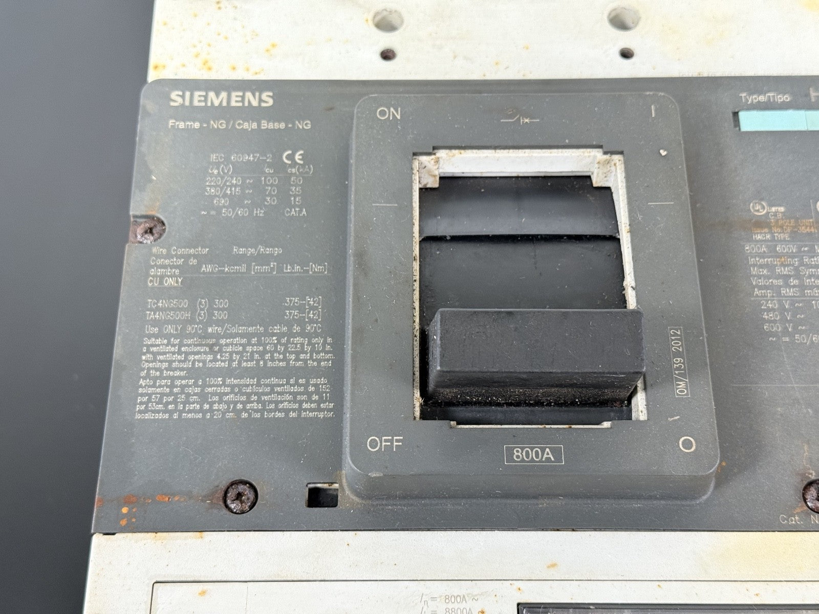 Siemens HNG 800A Circuit Breaker w/ Trip Unit 545 NG Frame MCCB3