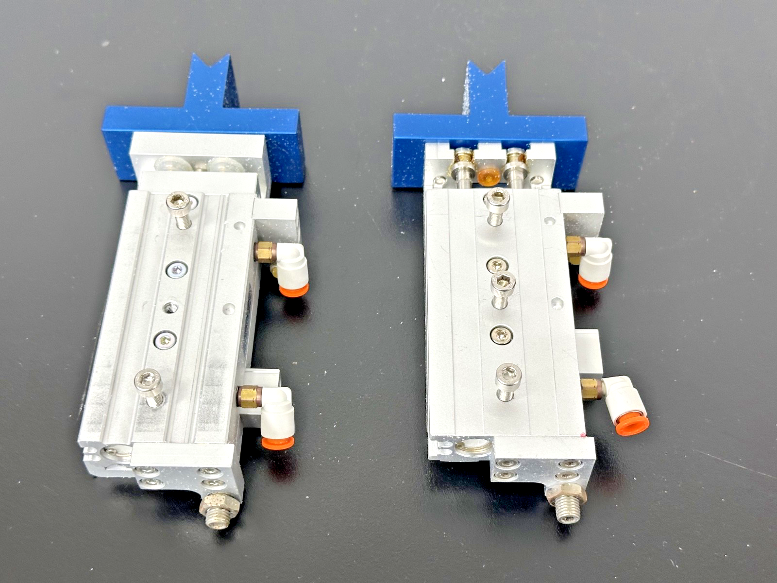 SMC MXS12L 50 Air Slide Table Pneumatic Cylinders Lot of 2 w/ Blue Brackets4