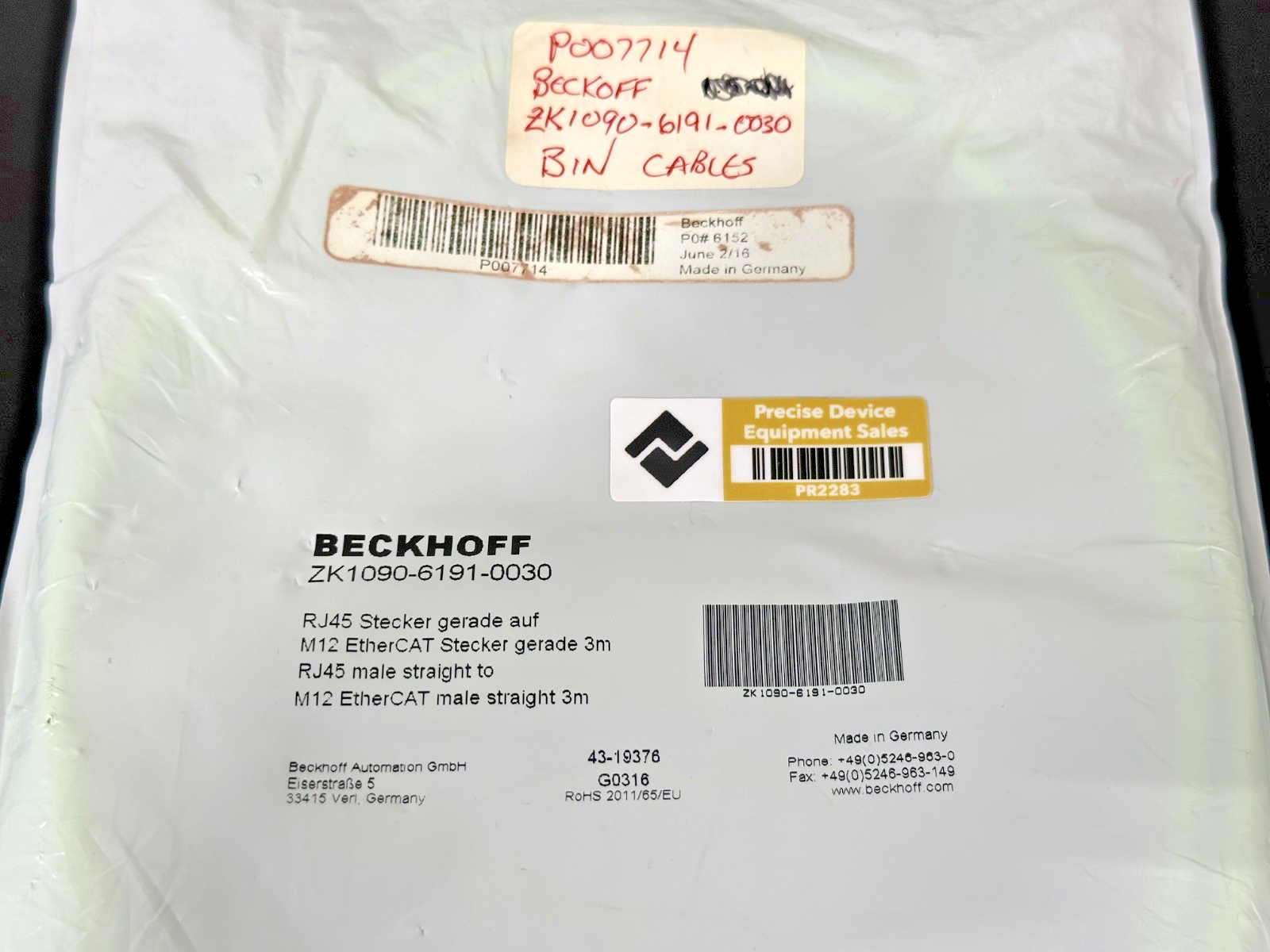 Beckhoff ZK1090 6191 0030 RJ45 to M12 EtherCAT Cable 3M New2