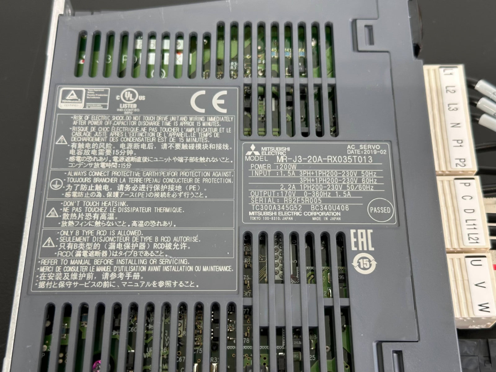 Mitsubishi MR J3 20A RX035T013 AC Servo Drive 200W Amplifier 200 230V1