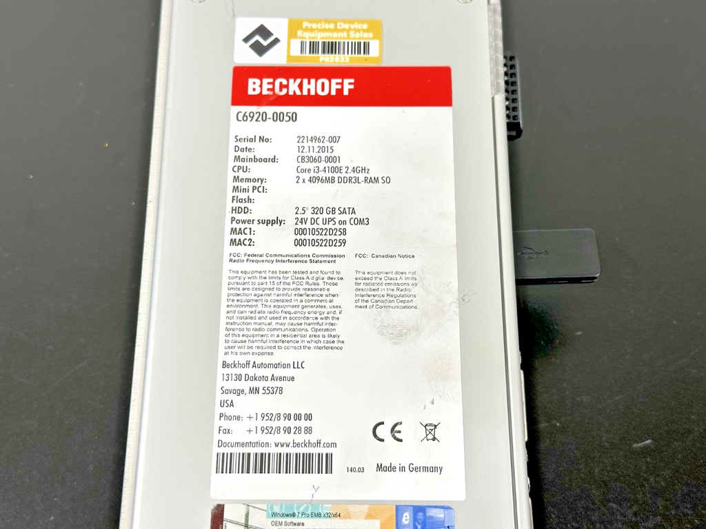 Beckhoff C6920 0050 Industrial PC i3 4100E 8GB RAM 320GB HDD 24VDC3