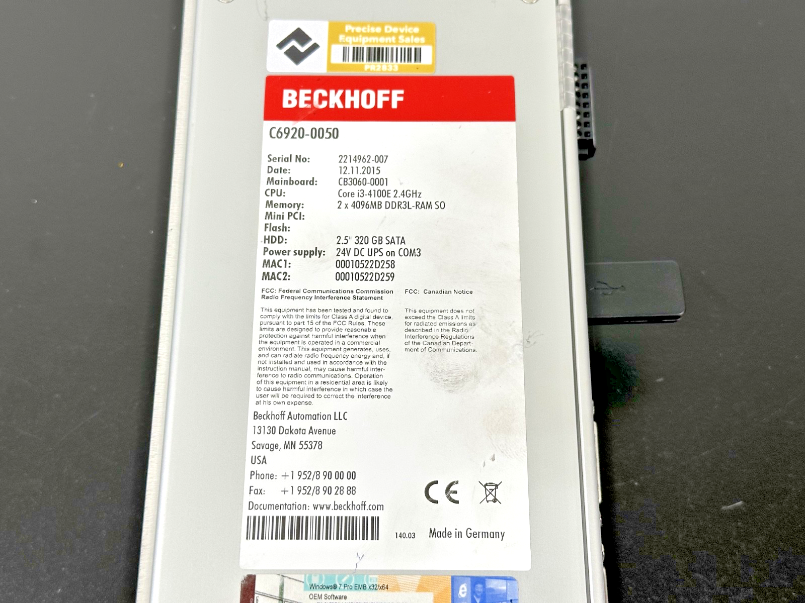 Beckhoff C6920 0050 Industrial PC i3 4100E 8GB RAM 320GB HDD 24VDC3