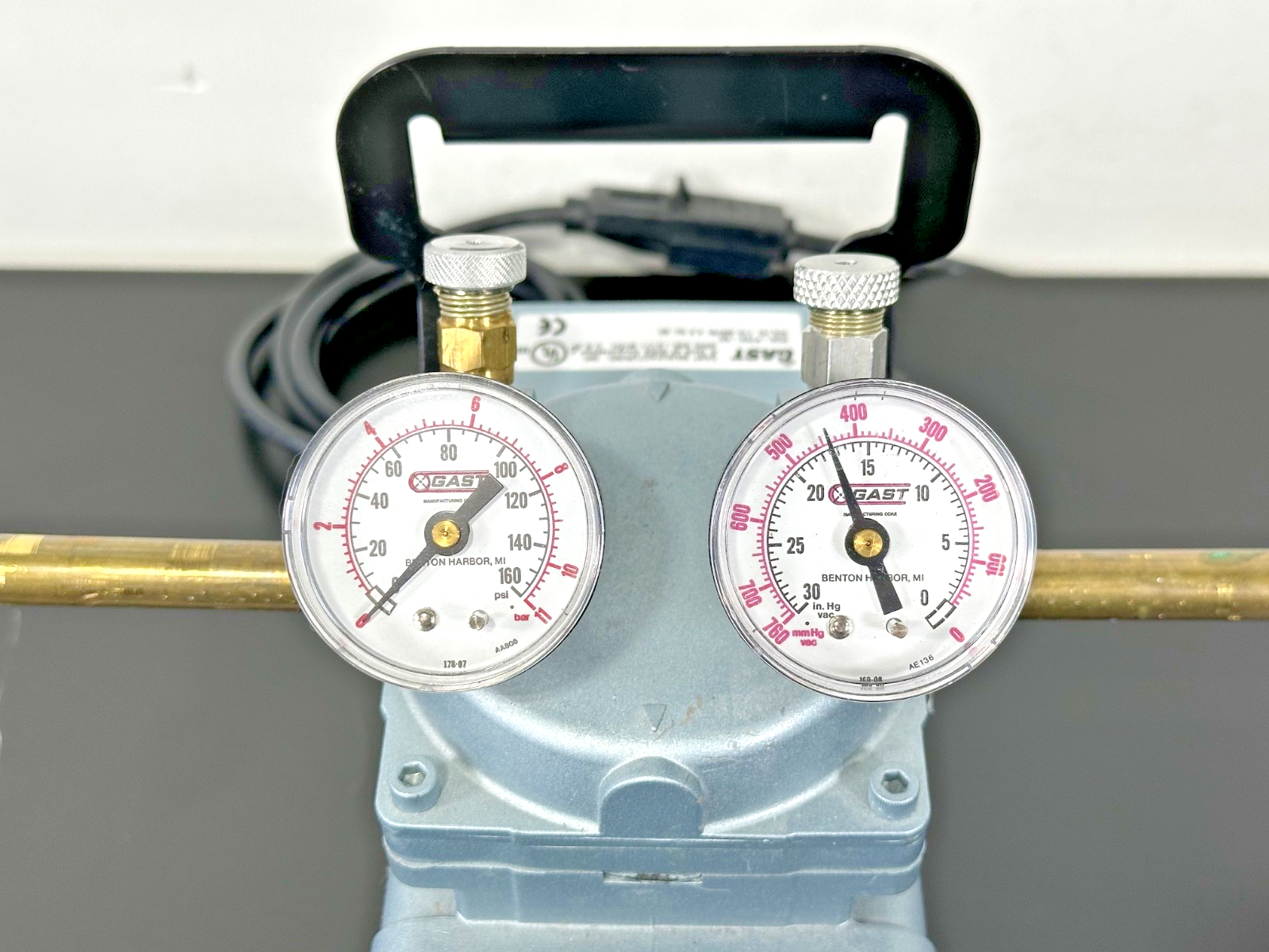 Gast DOA P704 AA Vacuum Pressure Pump Gauges Filter Tubing Assembly Working3