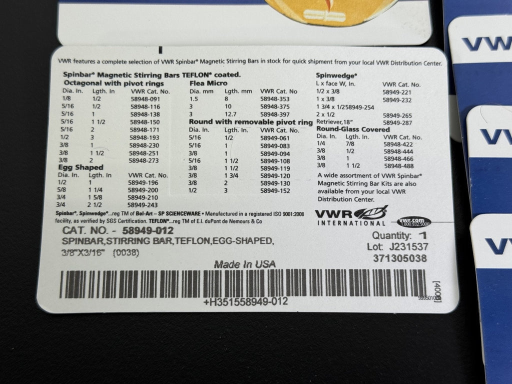 25Pk) VWR PTFE Spinbar Magnetic Stir Bar, Egg Shaped, 3/8” x 3/16”, 58949 0123