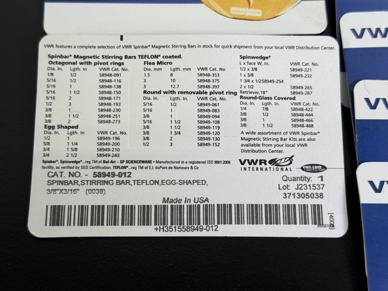 25Pk) VWR PTFE Spinbar Magnetic Stir Bar, Egg Shaped, 3/8” x 3/16”, 58949 0123