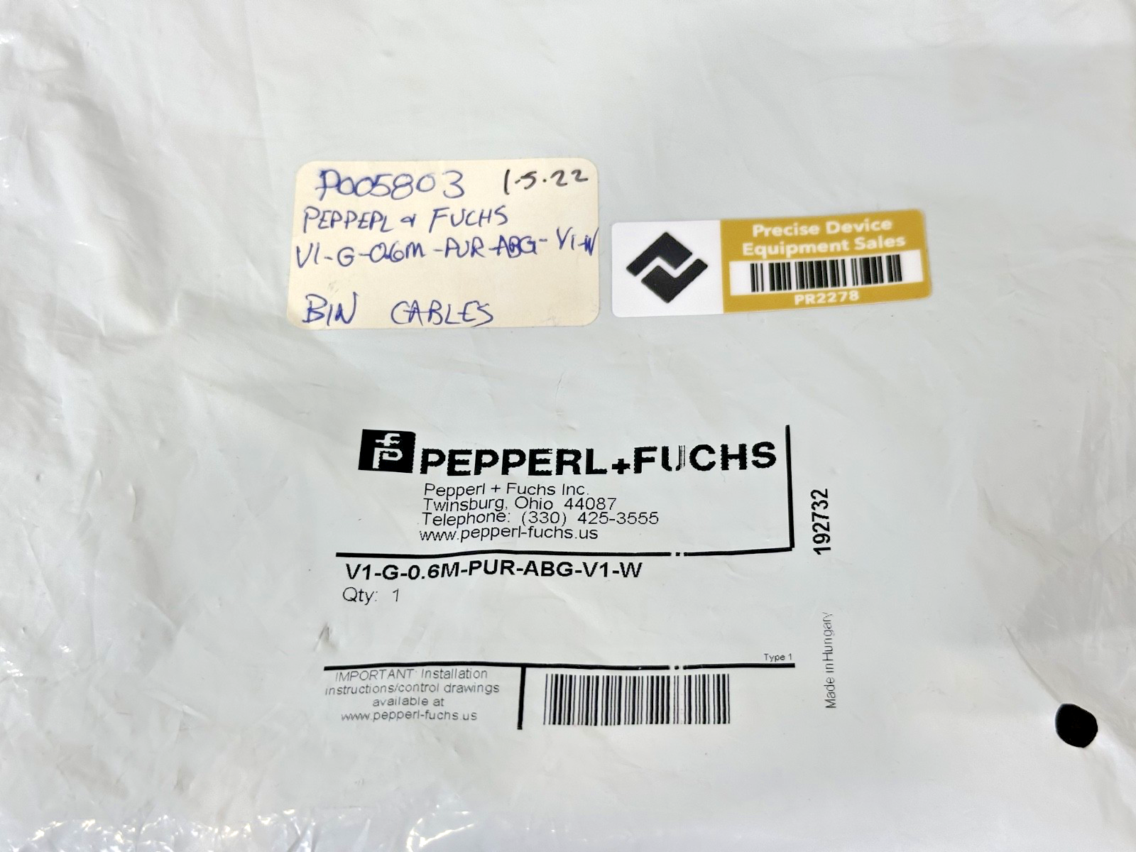 Pepperl+Fuchs V1 G 0.6M PUR ABG V1 W Sensor Connector Cable 0.6M New2