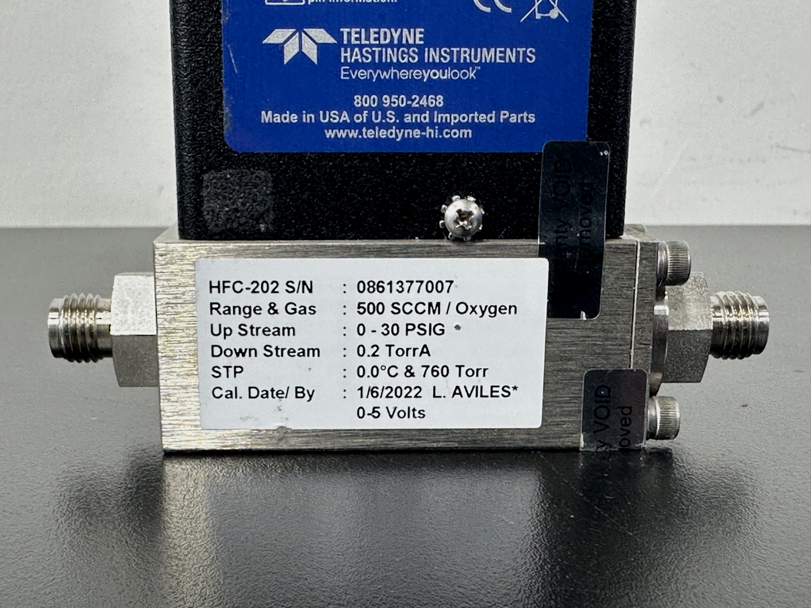 Teledyne Hastings HFC 202 Mass Flow Controller 500 SCCM Oxygen 0 5V2