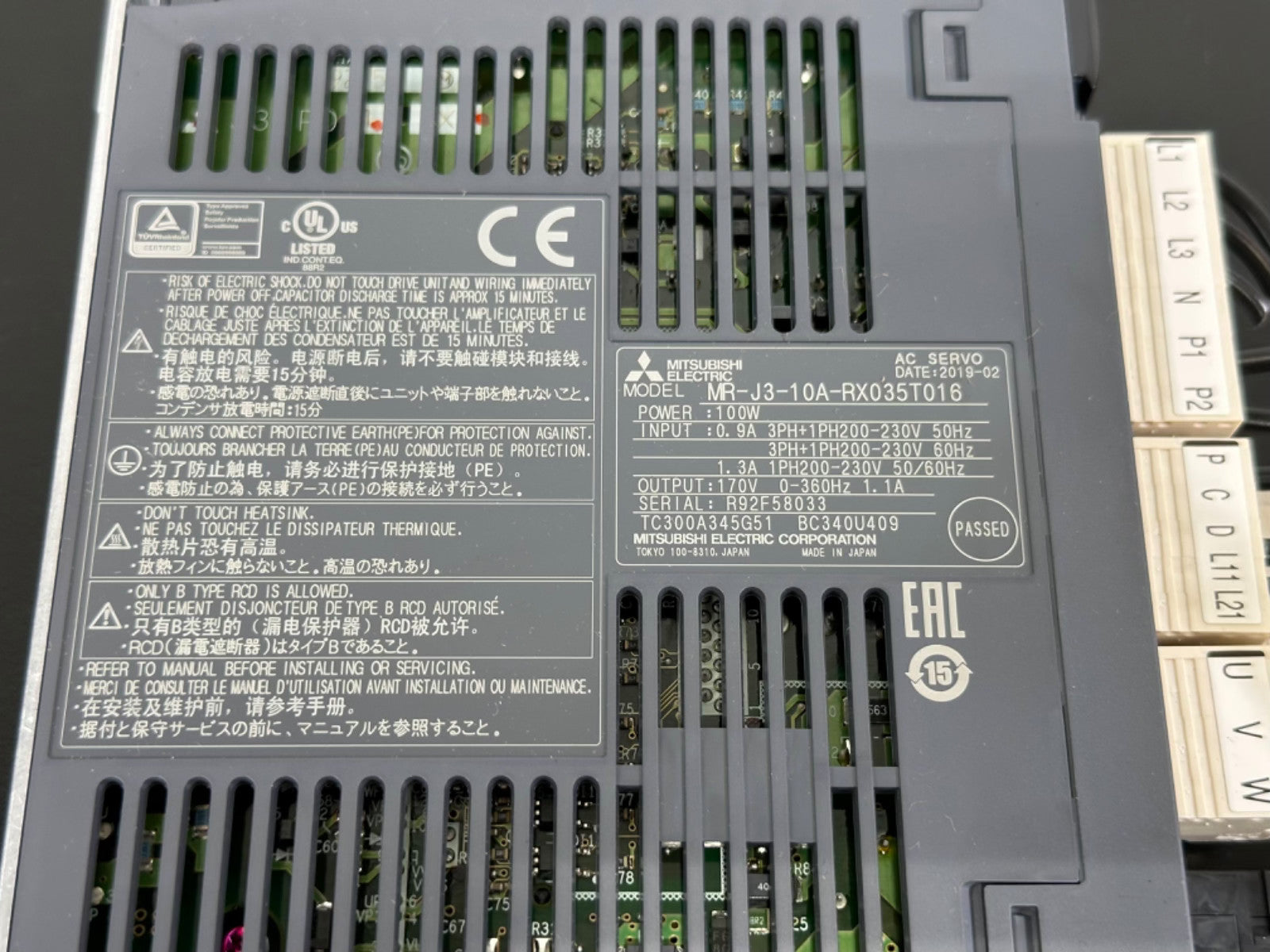 Mitsubishi Electric MR J3 10A RX035T016 Servo Drive Amplifier 100W MR J31