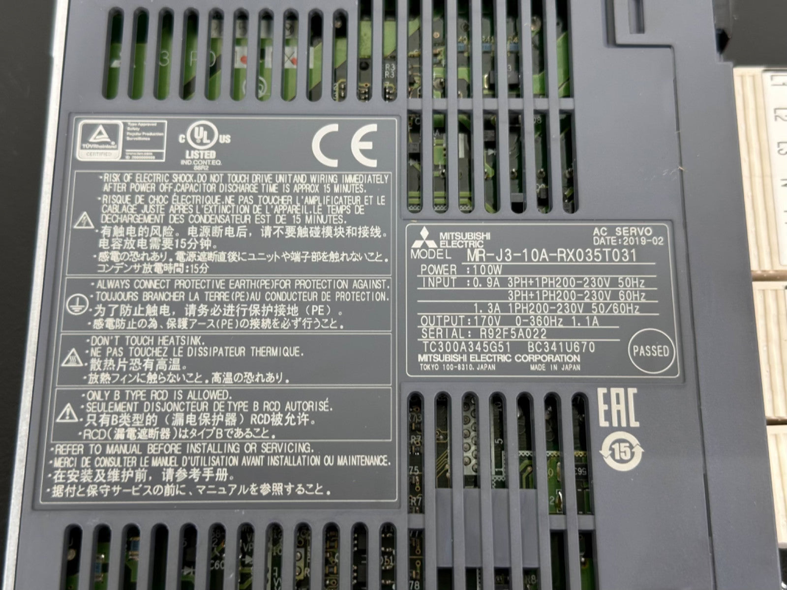 Mitsubishi Electric MR J3 10A RX035T031 Servo Drive Amplifier 100W MR J31