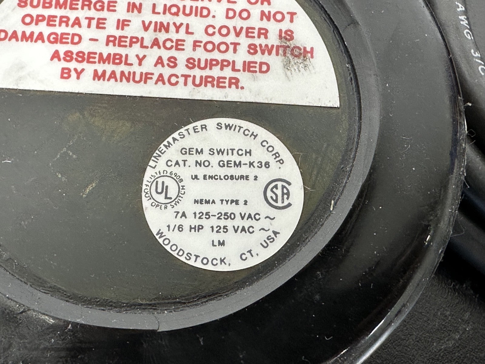Linemaster GEM K36 Foot Switch Pedal Control 7A 125 250VAC3