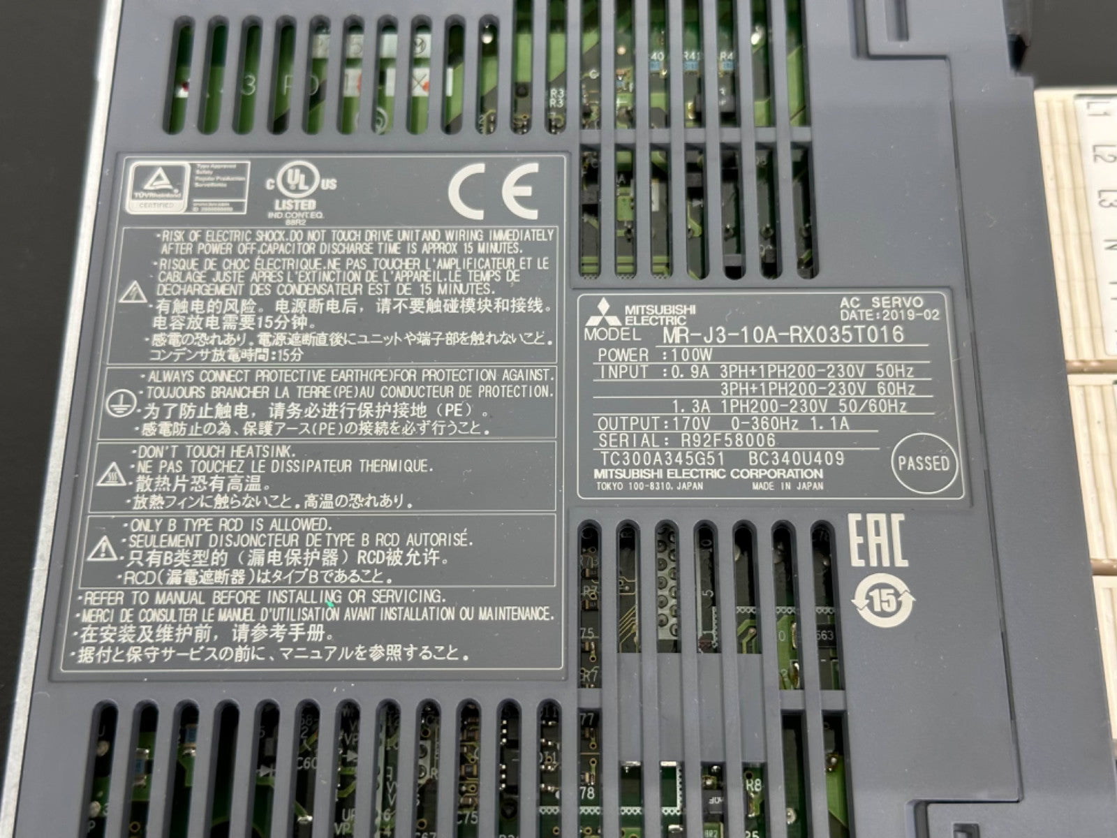 Mitsubishi Electric MR J3 10A RX035T016 Servo Drive Amplifier 100W MR J31