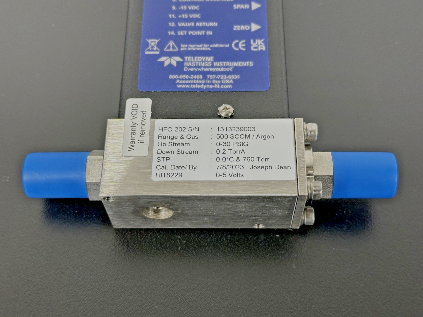 Teledyne Hastings HFC 202 Mass Flow Controller 500 SCCM Argon 0 5V2