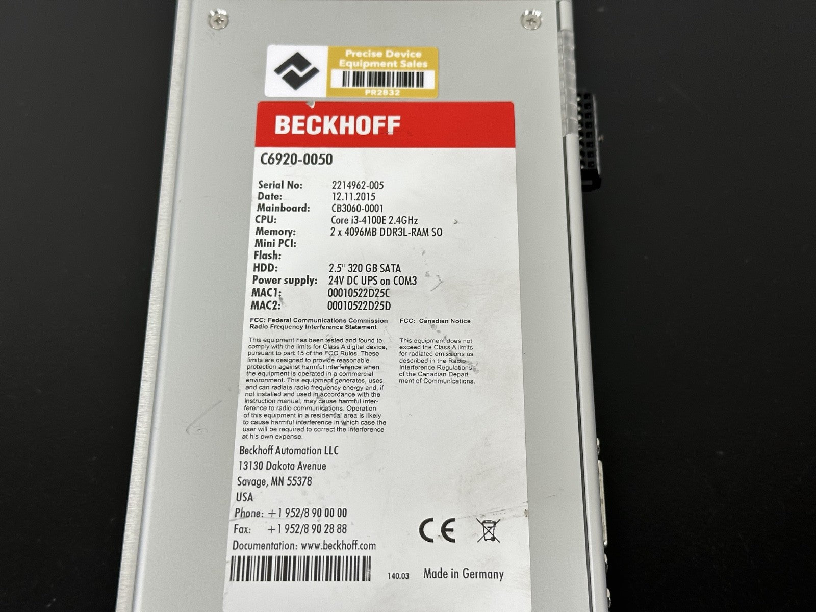 Beckhoff C6920 0050 Industrial PC i3 4100E 8GB RAM 320GB HDD 24VDC3