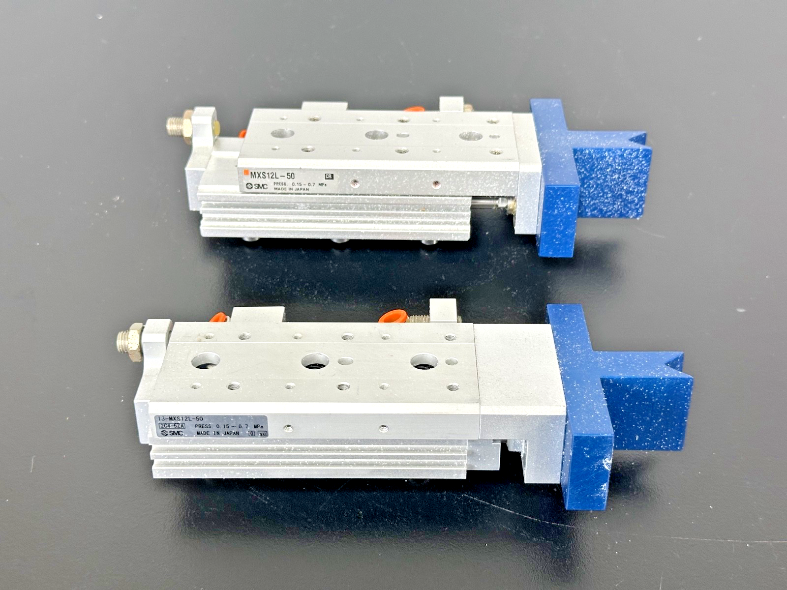 SMC MXS12L 50 Air Slide Table Pneumatic Cylinders Lot of 2 w/ Blue Brackets0