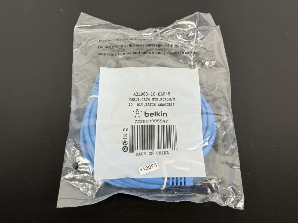 Belkin A3L980 10 BLU S Cat6 Ethernet Cable 10ft RJ45 Blue Snagless – New0
