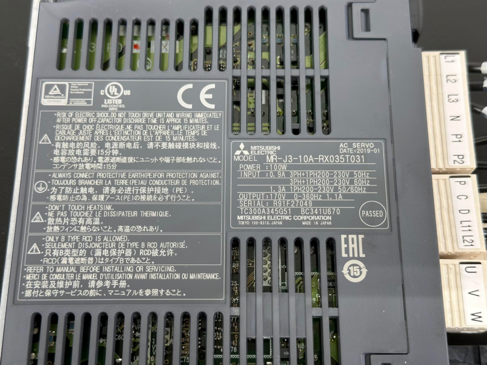 Mitsubishi Electric MR J3 10A RX035T031 Servo Drive Amplifier 100W MR J31