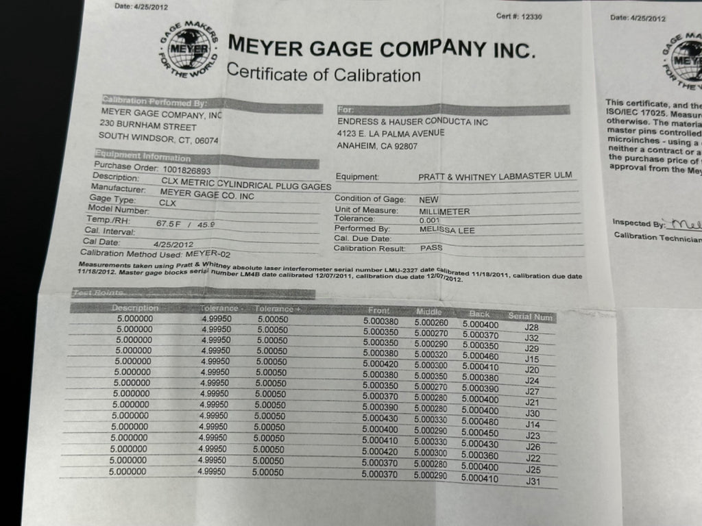 Meyer Gage 5.0mm Metric Cylindrical Plug Gage CLX Endress+Hauser Calibrated Set2