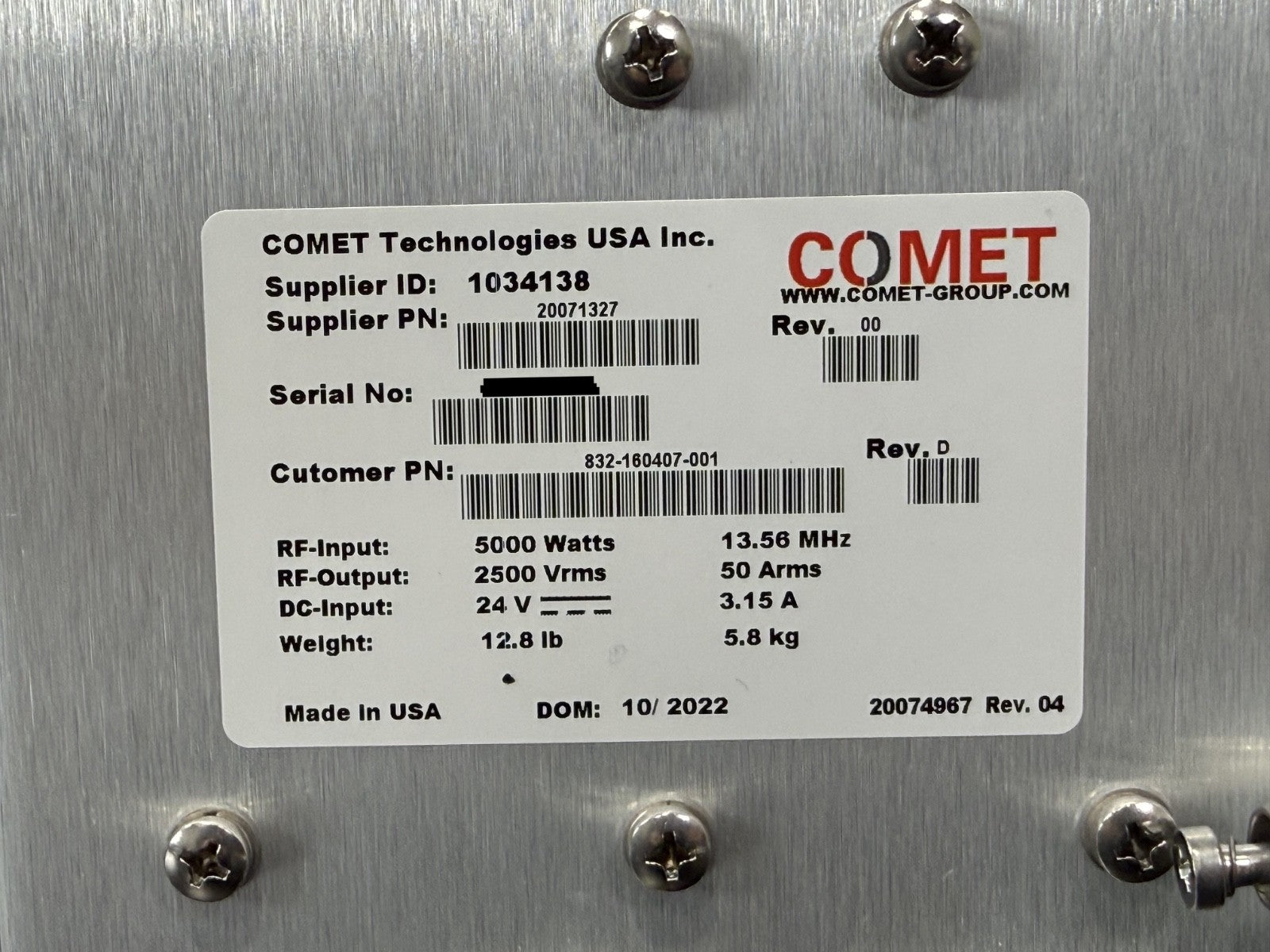COMET RF Matching Network 20071327 13.56MHz 5kW Lam Research Match Unit Rev D4