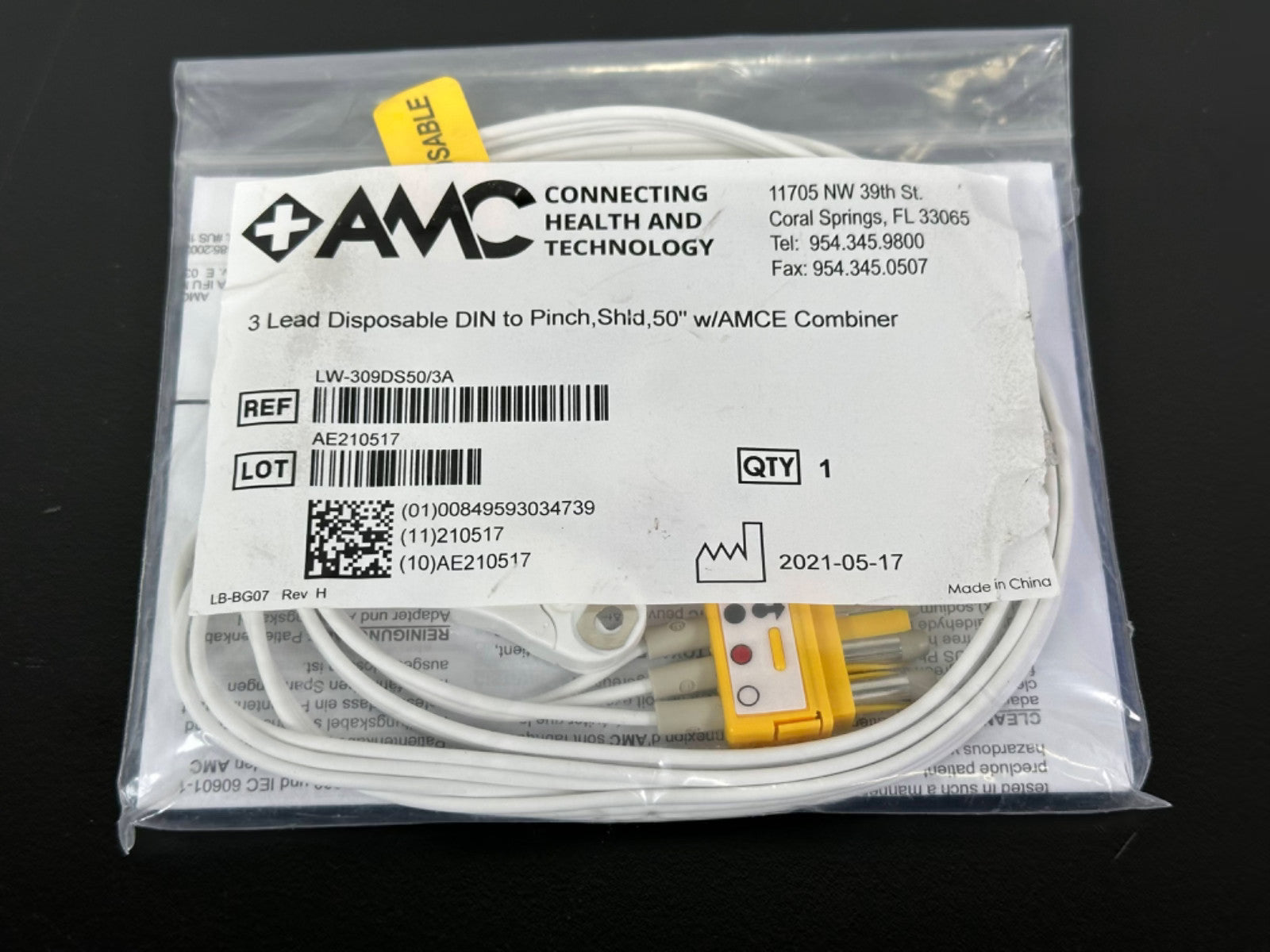 AMC LW 309DS50/3A 3 Lead Disposable DIN to Pinch Shield 50" Cable Adapter0