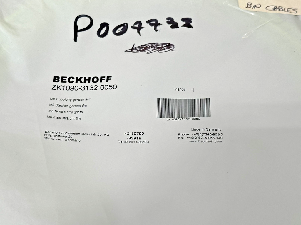 Lot of 2 Beckhoff ZK1090 3132 0050 M8 Female to M8 Male Straight 5M Cables New2