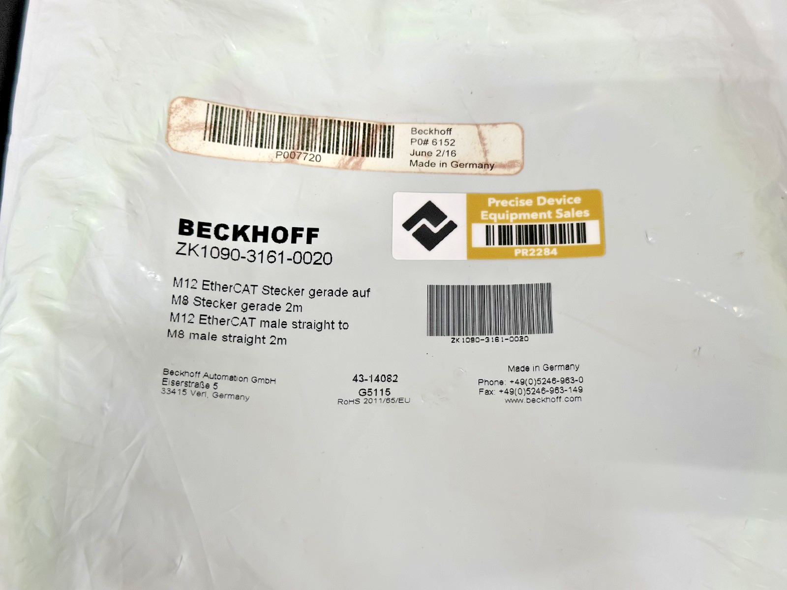 Beckhoff ZK1090 3161 0020 M12 EtherCAT to M8 Male Cable 2M New2
