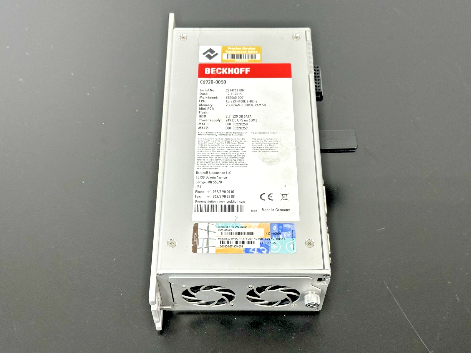 Beckhoff C6920 0050 Industrial PC i3 4100E 8GB RAM 320GB HDD 24VDC2