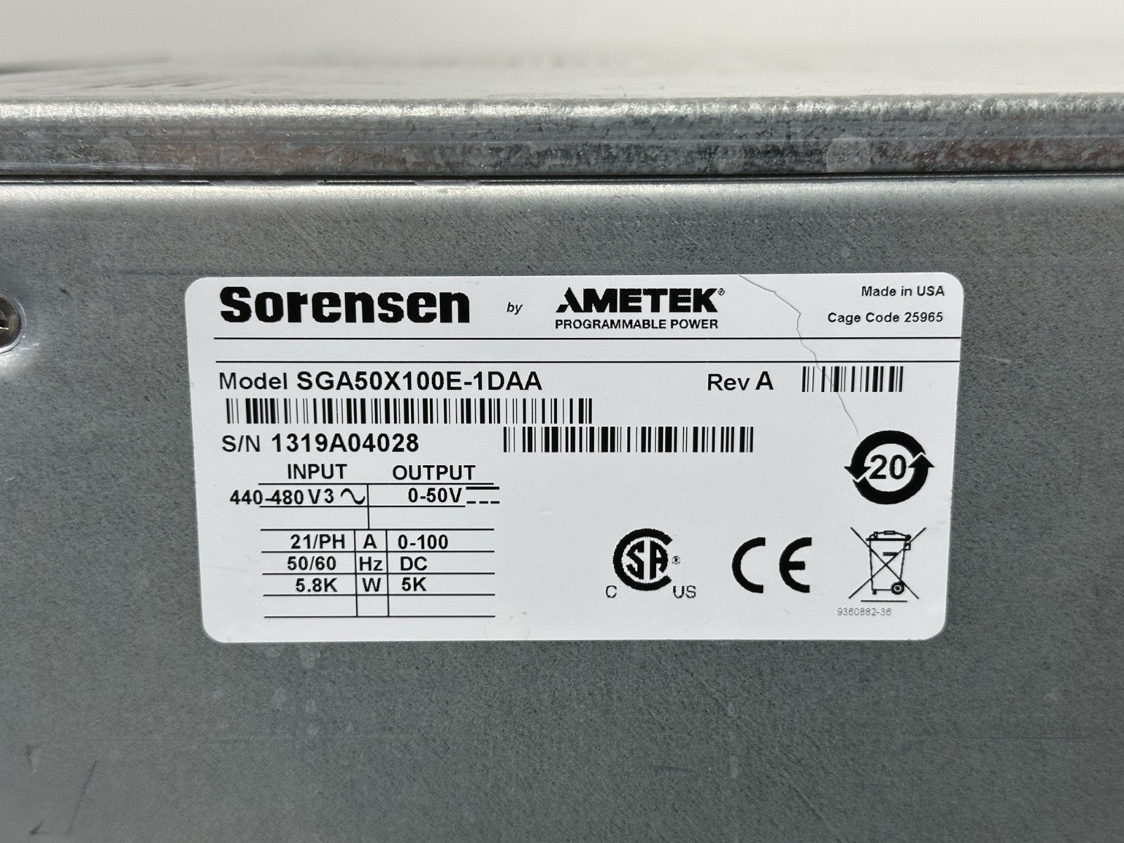 AMETEK Sorensen SGA50X100E 1DAA Programmable DC Power Supply 0 50V 100A9