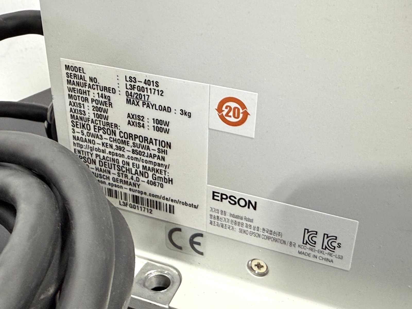 Seiko Epson LS3 401S 4 Axis SCARA Robot w/ RC90 Controller 200–240VAC8