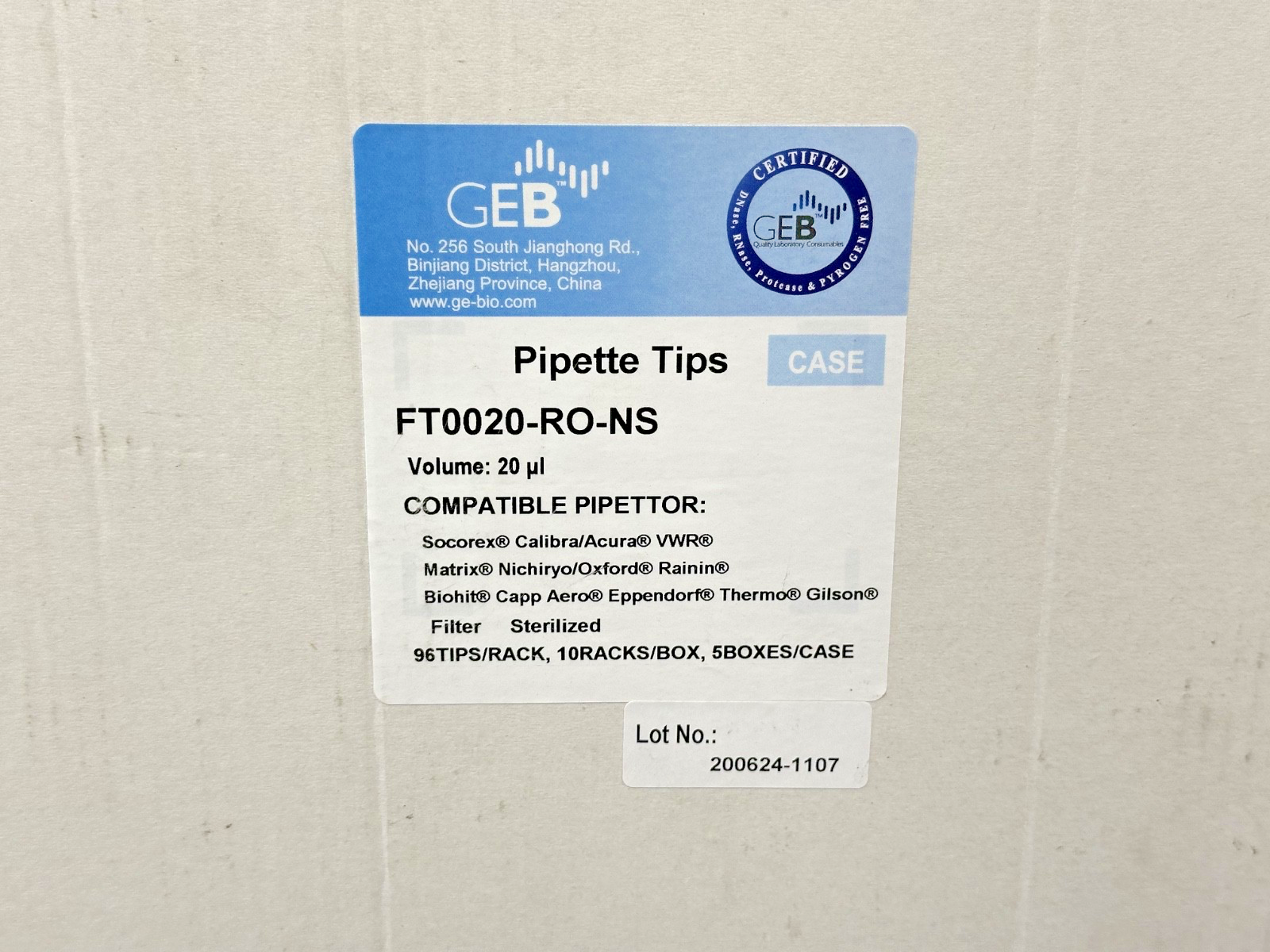 GEB FT0020 RO NS 20µL Filtered Sterile Pipette Tips 4,800/Case New Open Box2